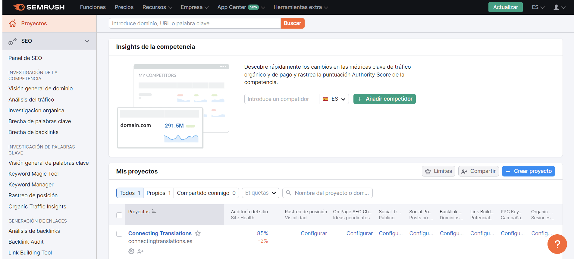 Página de Semrush