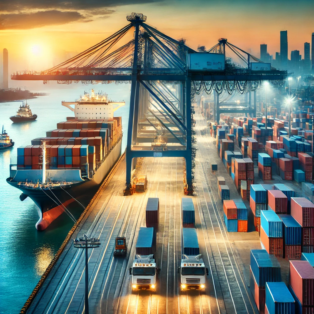 Contenedor de mercancías en un puerto, ilustrando el transporte internacional bajo las reglas de los Incoterms.