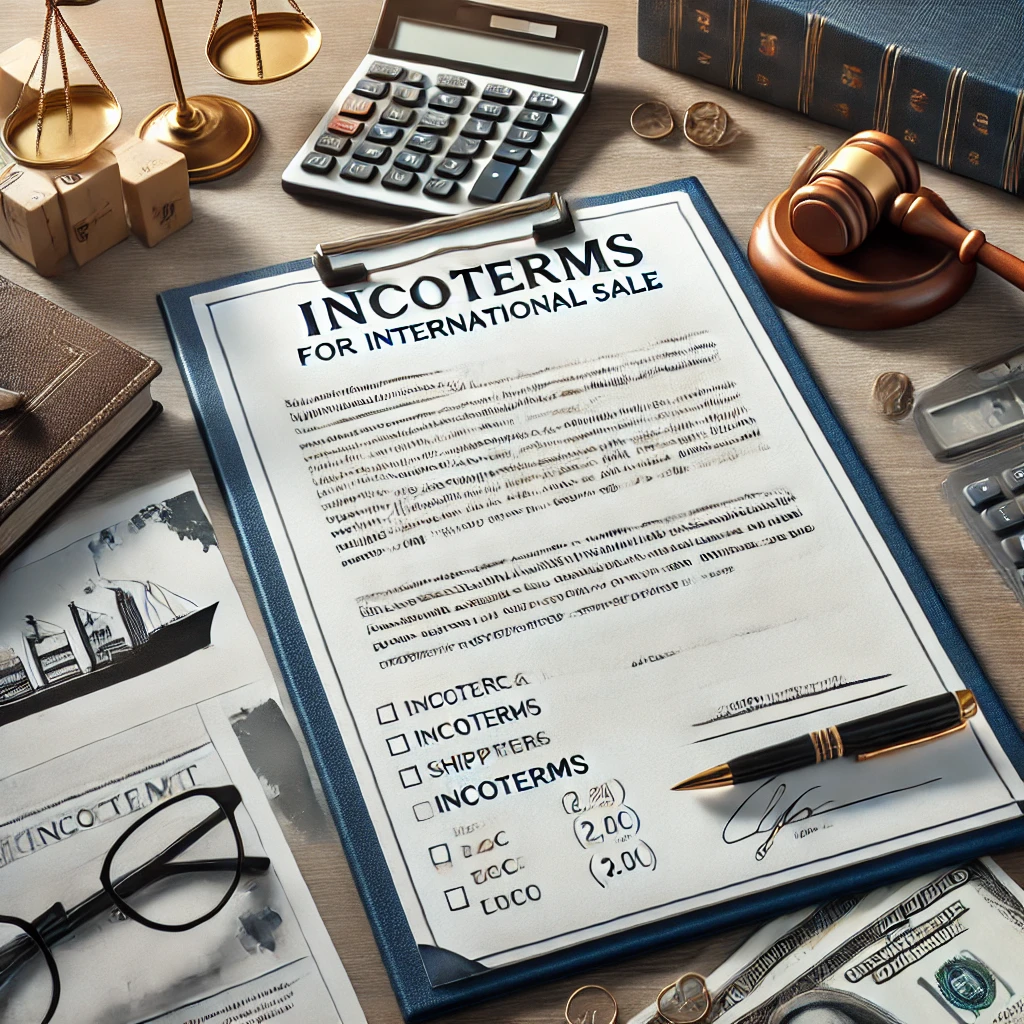 Contrato de compraventa internacional que utiliza Incoterms para definir responsabilidades entre comprador y vendedor.