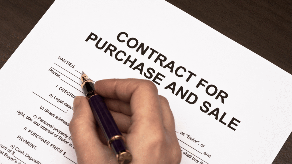 Contrato de compraventa en el que se indican términos clave de real estate.